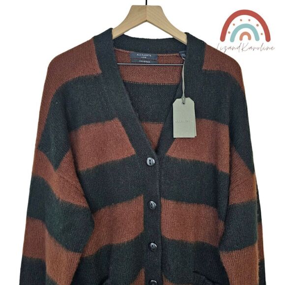 New! AllSaints Lou Stripe Wool Italian Brushed Knit Cardigan Oversized Sweater - Picture 5 of 14